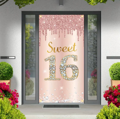 Happy Birthday Theme Party Decor Door Cover 18th 21th 30th 40th 50th 60th 80th Pink Rose Sweet 16th Party Decorative Backdrops