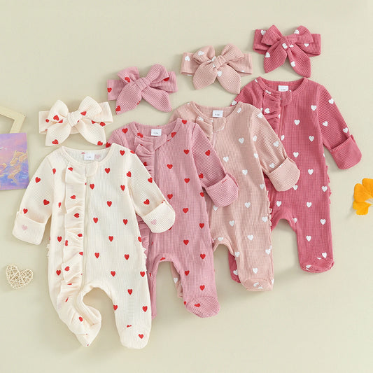 Pudcoco Baby Girls Foot Cover Jumpsuit Long Sleeve Crew Neck Heart Print Ruffle Zipper Footies with Headband 0-6M