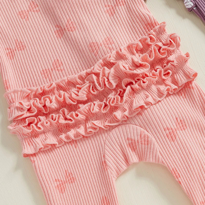 FOCUSNORM Newborn Baby Girls Boys Fall Footies Romper Sets Ruffle Long Sleeve Bow/Flowers Print Jumpsuit with Headband