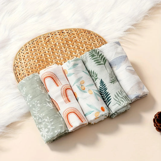 Happyflute 60x60CM Muslin Square Towels Set for Baby-5PCS Soft Bamboo Cotton Gauze Wipes for Face And Bath Newborn Bibs Included