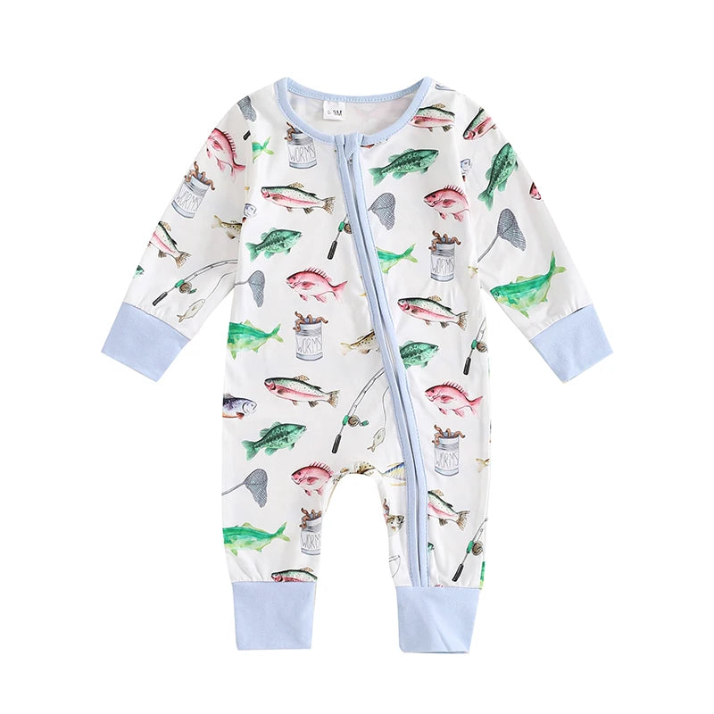Lioraitiin Baby Boys Autumn Casual Romper Long Sleeve Crew Neck Fish Print Oblique Zipper Jumpsuit