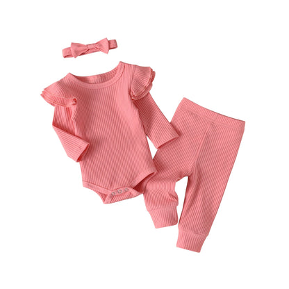 3pcs Newborn Baby Girl Casual Clothes Set Ruffles Knitted Long Sleeve Bodysuit + infant Pants + Headband Solid Color Outfits