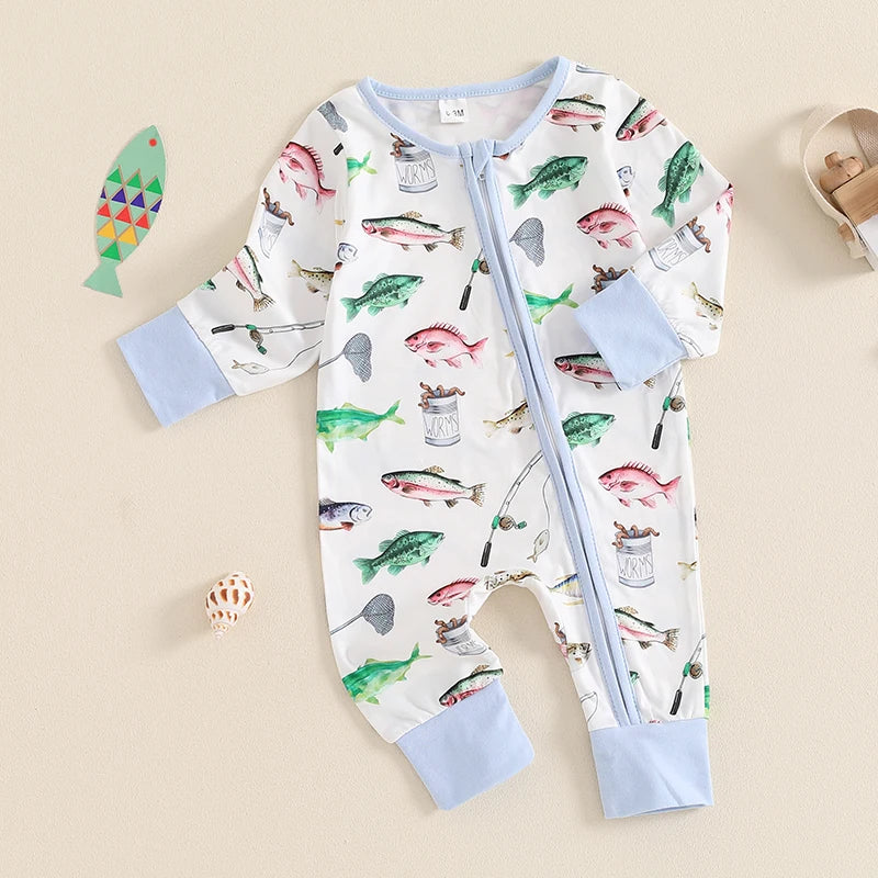 Lioraitiin Baby Boys Autumn Casual Romper Long Sleeve Crew Neck Fish Print Oblique Zipper Jumpsuit