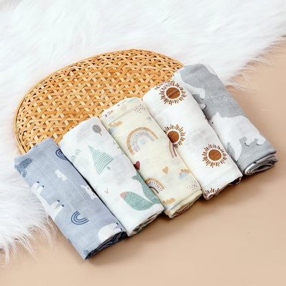 Happyflute 60x60CM Muslin Square Towels Set for Baby-5PCS Soft Bamboo Cotton Gauze Wipes for Face And Bath Newborn Bibs Included