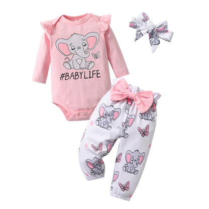 3pcs Newborn Baby Girl Casual Clothes Set Ruffles Knitted Long Sleeve Bodysuit + infant Pants + Headband Solid Color Outfits