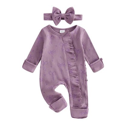 FOCUSNORM 0-6M Newborn Baby Girl Boys Fall Romper Sets 2pcs Bow Long Sleeve Full Length Zipper Front Ribbed Jumpsuit Headband