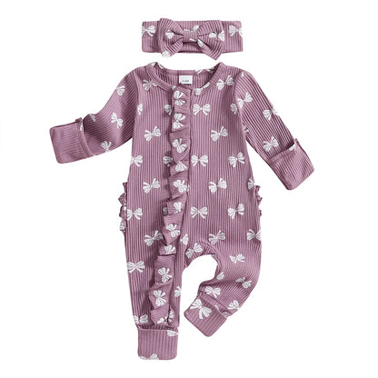 FOCUSNORM Newborn Baby Girls Boys Fall Footies Romper Sets Ruffle Long Sleeve Bow/Flowers Print Jumpsuit with Headband