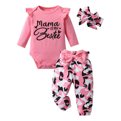 3pcs Newborn Baby Girl Casual Clothes Set Ruffles Knitted Long Sleeve Bodysuit + infant Pants + Headband Solid Color Outfits