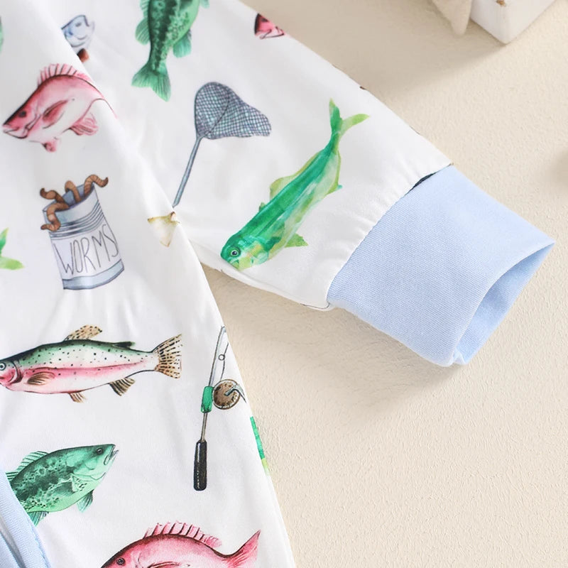Lioraitiin Baby Boys Autumn Casual Romper Long Sleeve Crew Neck Fish Print Oblique Zipper Jumpsuit