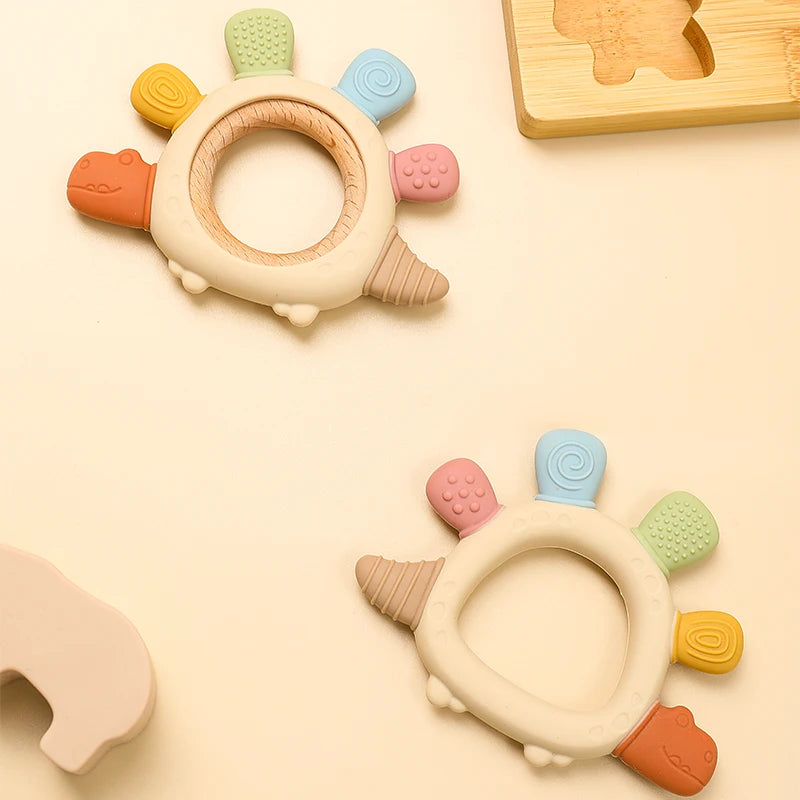 Baby Silicone Wooden Teethers Cartoon Stegosaurus Design Teething Chewing Toys for Infants Care Teether Toy Newborn Accessories