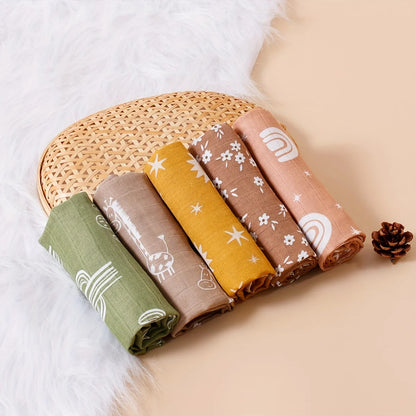 Happyflute 60x60CM Muslin Square Towels Set for Baby-5PCS Soft Bamboo Cotton Gauze Wipes for Face And Bath Newborn Bibs Included