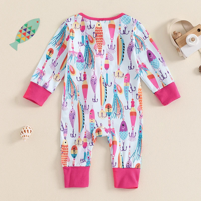 Lioraitiin Baby Boys Autumn Casual Romper Long Sleeve Crew Neck Fish Print Oblique Zipper Jumpsuit