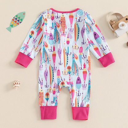 Lioraitiin Baby Boys Autumn Casual Romper Long Sleeve Crew Neck Fish Print Oblique Zipper Jumpsuit
