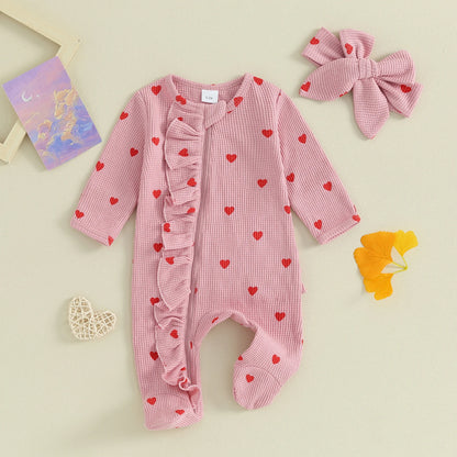 Pudcoco Baby Girls Foot Cover Jumpsuit Long Sleeve Crew Neck Heart Print Ruffle Zipper Footies with Headband 0-6M