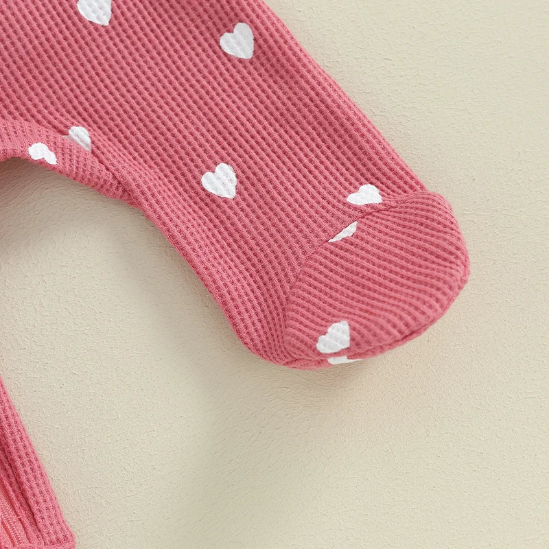 Pudcoco Baby Girls Foot Cover Jumpsuit Long Sleeve Crew Neck Heart Print Ruffle Zipper Footies with Headband 0-6M