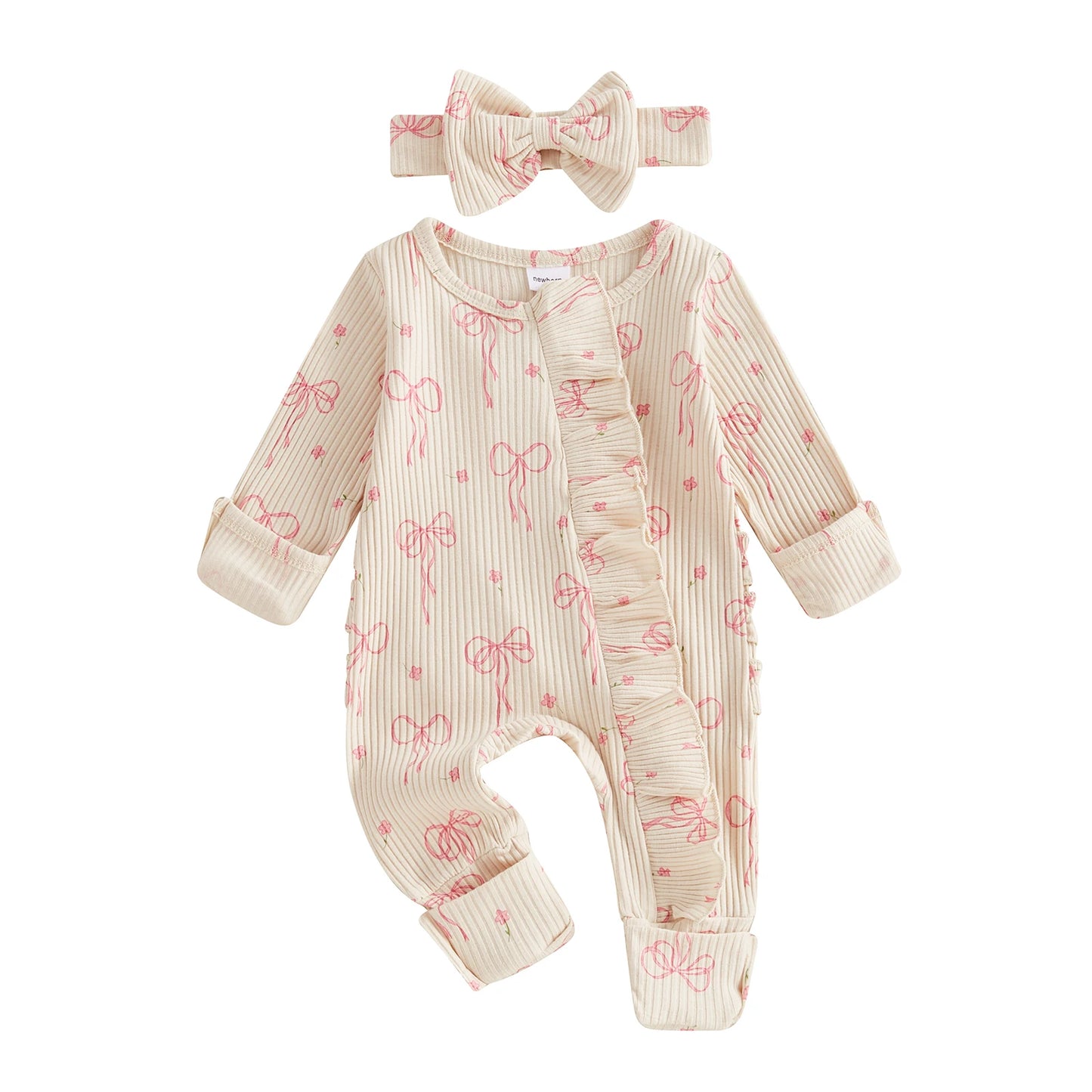 FOCUSNORM 0-6M Newborn Baby Girl Boys Fall Romper Sets 2pcs Bow Long Sleeve Full Length Zipper Front Ribbed Jumpsuit Headband