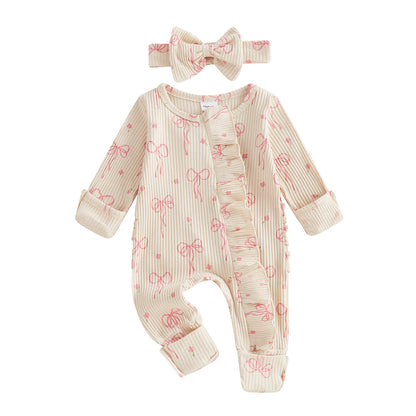 FOCUSNORM 0-6M Newborn Baby Girl Boys Fall Romper Sets 2pcs Bow Long Sleeve Full Length Zipper Front Ribbed Jumpsuit Headband