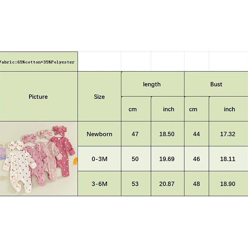 Pudcoco Baby Girls Foot Cover Jumpsuit Long Sleeve Crew Neck Heart Print Ruffle Zipper Footies with Headband 0-6M