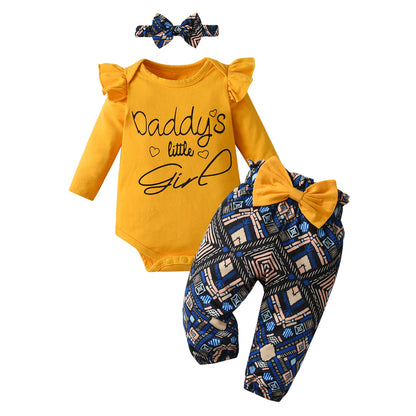 3pcs Newborn Baby Girl Casual Clothes Set Ruffles Knitted Long Sleeve Bodysuit + infant Pants + Headband Solid Color Outfits