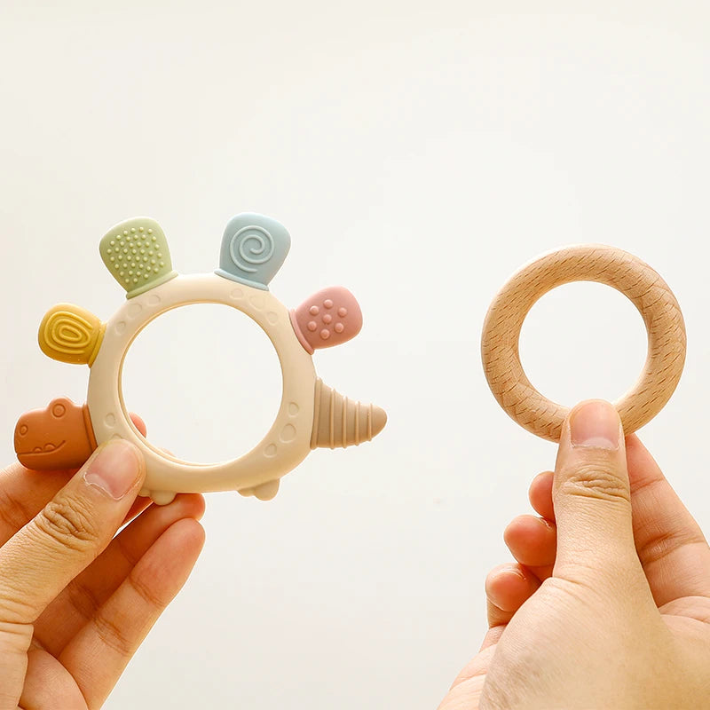 Baby Silicone Wooden Teethers Cartoon Stegosaurus Design Teething Chewing Toys for Infants Care Teether Toy Newborn Accessories