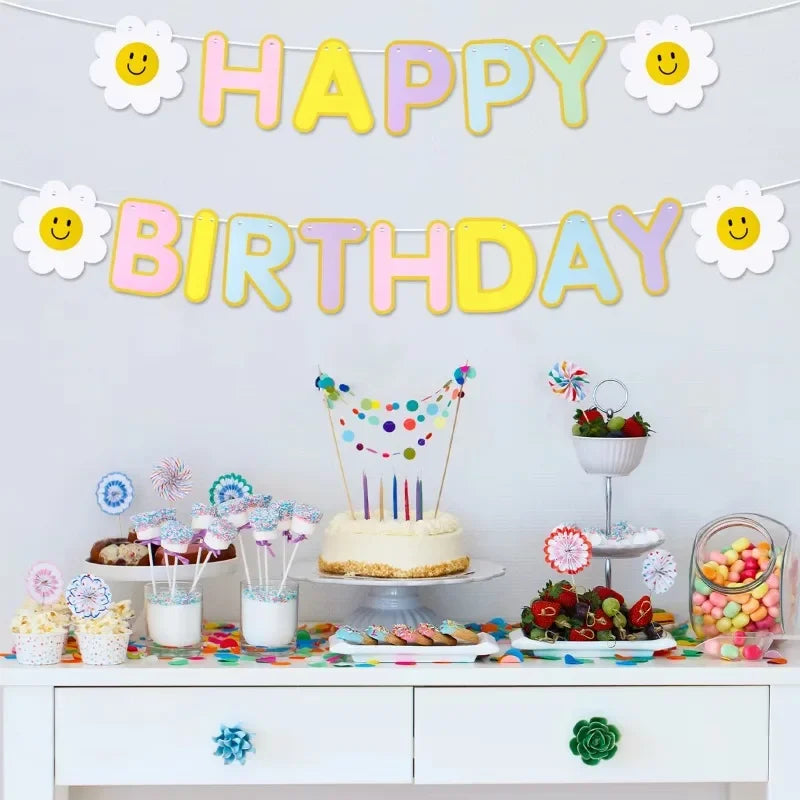 1PC Daisy Happy Birthday Party Decoration Banner Children Adult Scene Colorful Flags Party Photo Props
