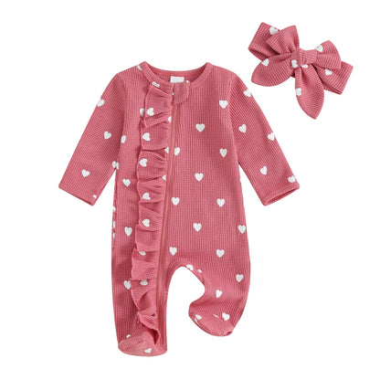 Pudcoco Baby Girls Foot Cover Jumpsuit Long Sleeve Crew Neck Heart Print Ruffle Zipper Footies with Headband 0-6M