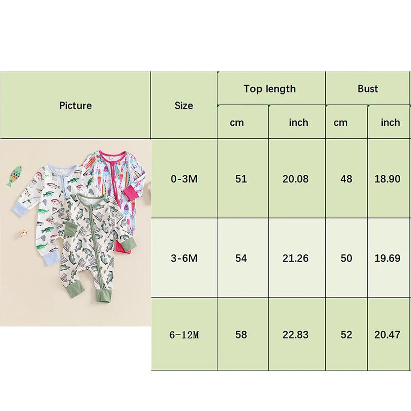 Lioraitiin Baby Boys Autumn Casual Romper Long Sleeve Crew Neck Fish Print Oblique Zipper Jumpsuit