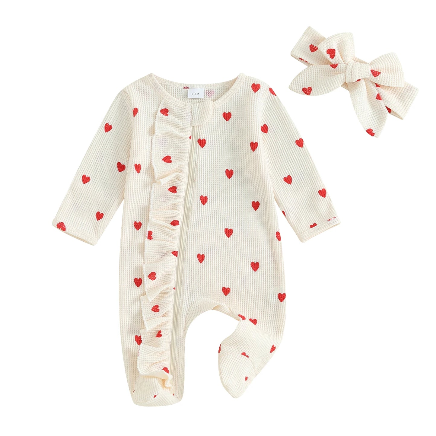 Pudcoco Baby Girls Foot Cover Jumpsuit Long Sleeve Crew Neck Heart Print Ruffle Zipper Footies with Headband 0-6M