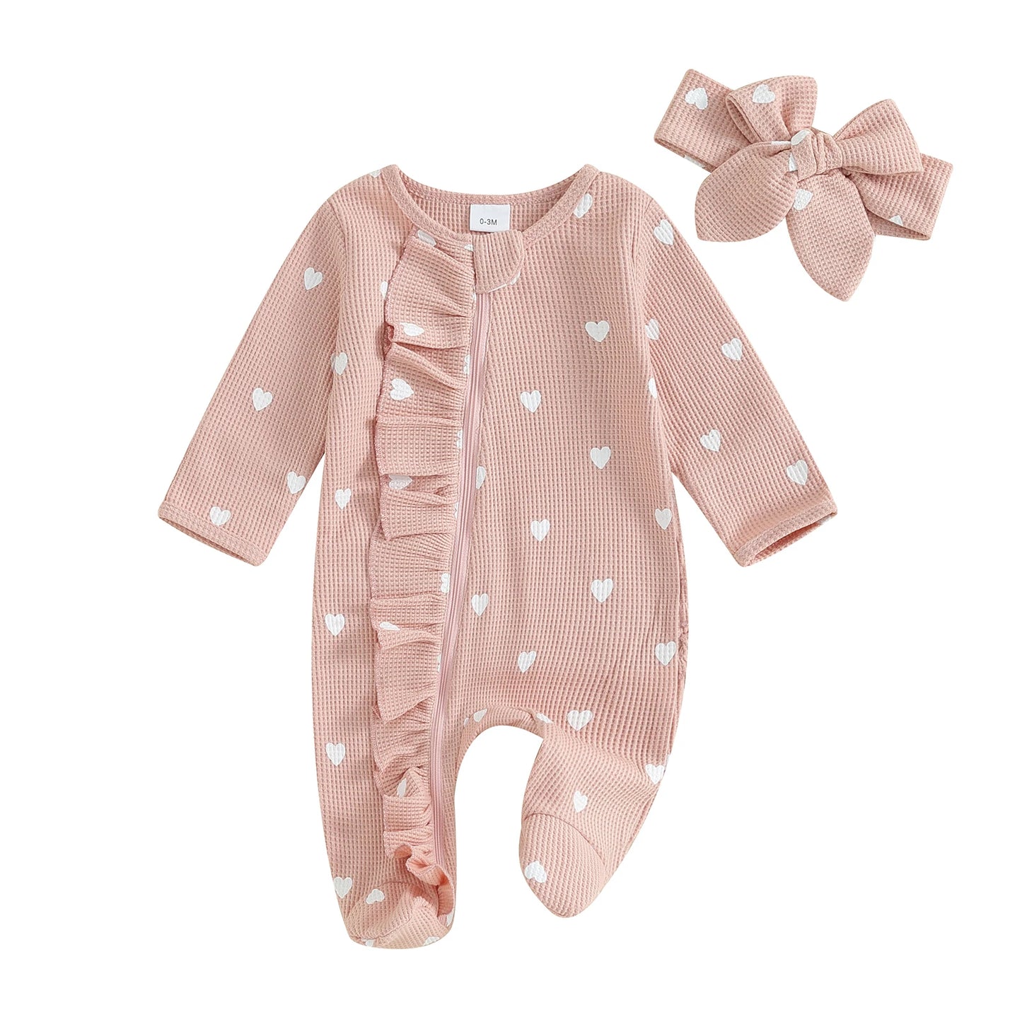Pudcoco Baby Girls Foot Cover Jumpsuit Long Sleeve Crew Neck Heart Print Ruffle Zipper Footies with Headband 0-6M