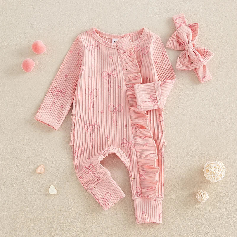 FOCUSNORM 0-6M Newborn Baby Girl Boys Fall Romper Sets 2pcs Bow Long Sleeve Full Length Zipper Front Ribbed Jumpsuit Headband