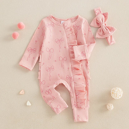 FOCUSNORM 0-6M Newborn Baby Girl Boys Fall Romper Sets 2pcs Bow Long Sleeve Full Length Zipper Front Ribbed Jumpsuit Headband