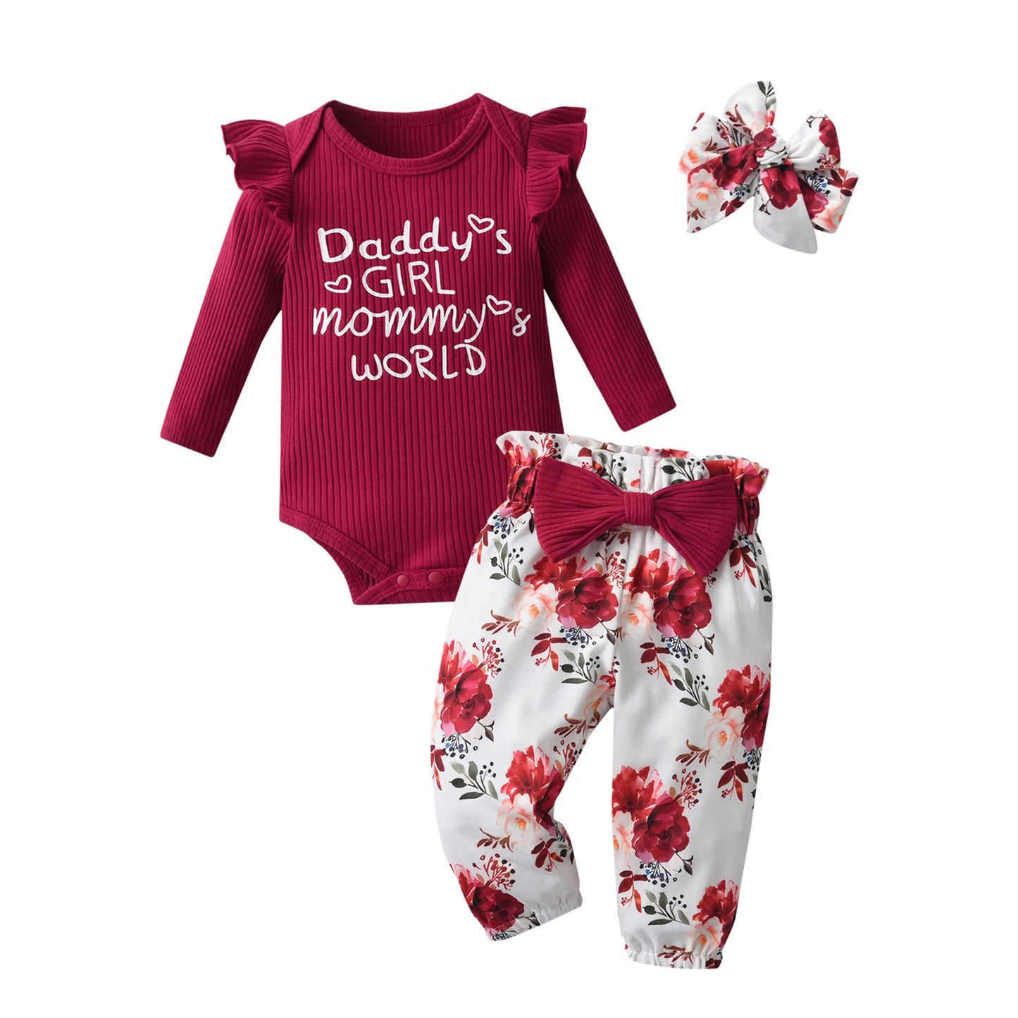 3pcs Newborn Baby Girl Casual Clothes Set Ruffles Knitted Long Sleeve Bodysuit + infant Pants + Headband Solid Color Outfits