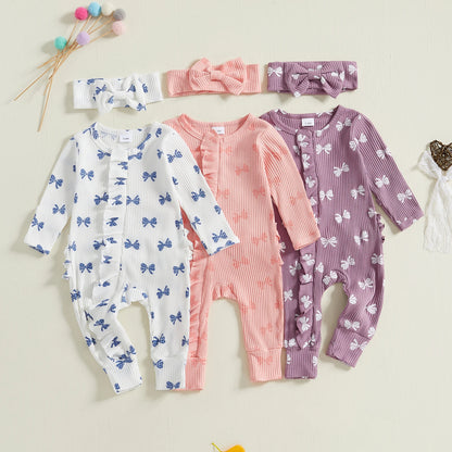 FOCUSNORM Newborn Baby Girls Boys Fall Footies Romper Sets Ruffle Long Sleeve Bow/Flowers Print Jumpsuit with Headband