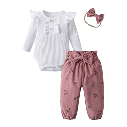 3pcs Newborn Baby Girl Casual Clothes Set Ruffles Knitted Long Sleeve Bodysuit + infant Pants + Headband Solid Color Outfits