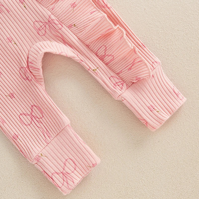 FOCUSNORM 0-6M Newborn Baby Girl Boys Fall Romper Sets 2pcs Bow Long Sleeve Full Length Zipper Front Ribbed Jumpsuit Headband