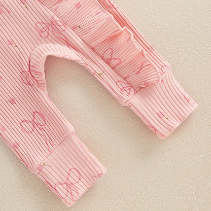 FOCUSNORM 0-6M Newborn Baby Girl Boys Fall Romper Sets 2pcs Bow Long Sleeve Full Length Zipper Front Ribbed Jumpsuit Headband