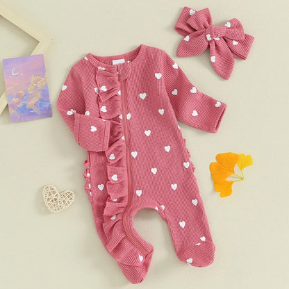 Pudcoco Baby Girls Foot Cover Jumpsuit Long Sleeve Crew Neck Heart Print Ruffle Zipper Footies with Headband 0-6M