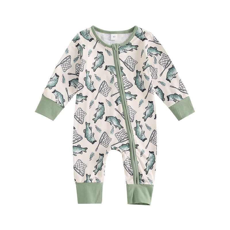 Lioraitiin Baby Boys Autumn Casual Romper Long Sleeve Crew Neck Fish Print Oblique Zipper Jumpsuit