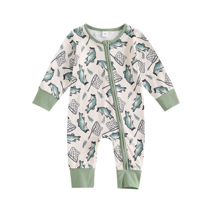 Lioraitiin Baby Boys Autumn Casual Romper Long Sleeve Crew Neck Fish Print Oblique Zipper Jumpsuit