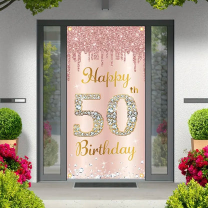 Happy Birthday Theme Party Decor Door Cover 18th 21th 30th 40th 50th 60th 80th Pink Rose Sweet 16th Party Decorative Backdrops