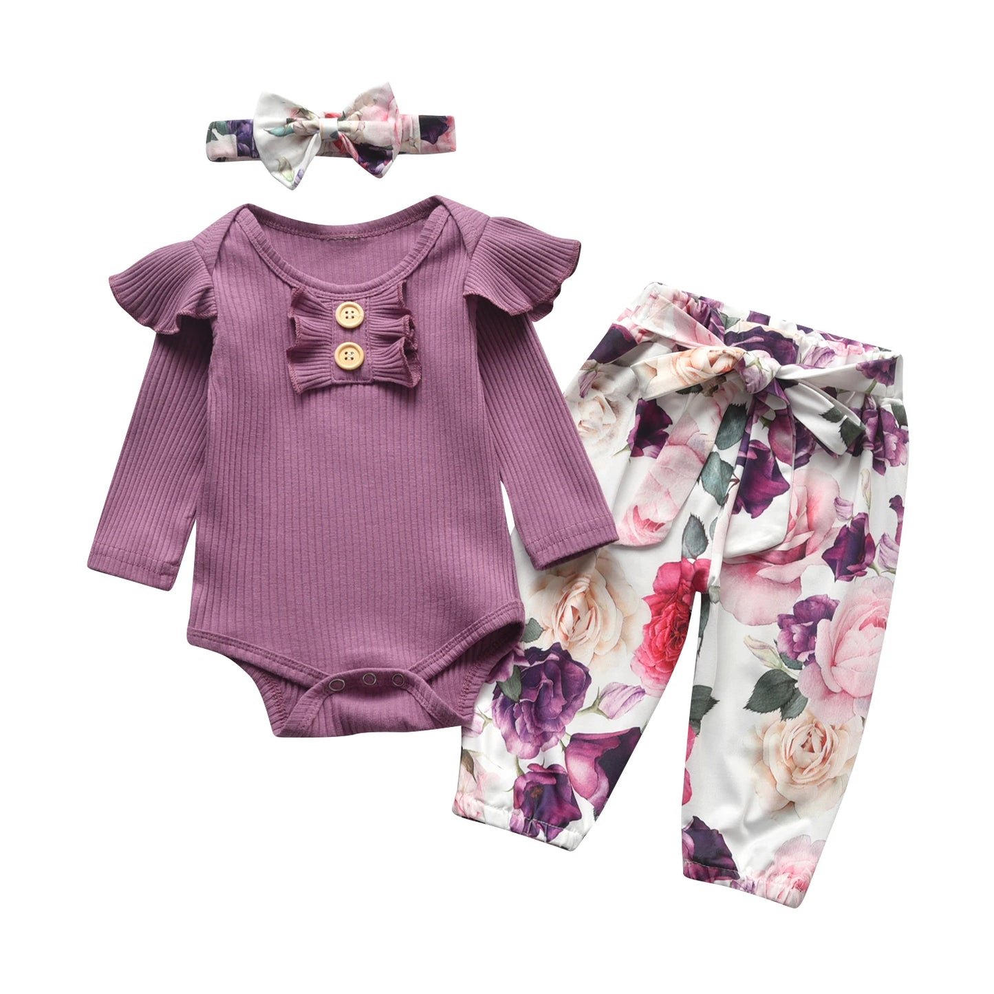 3pcs Newborn Baby Girl Casual Clothes Set Ruffles Knitted Long Sleeve Bodysuit + infant Pants + Headband Solid Color Outfits