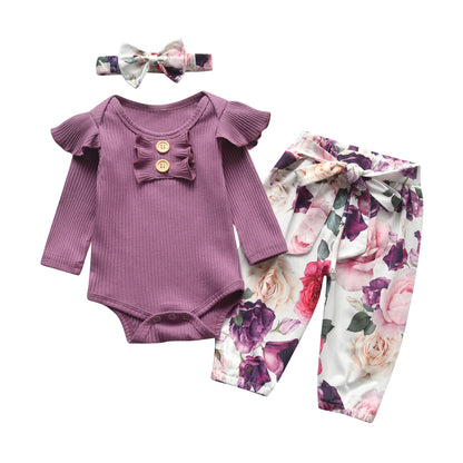 3pcs Newborn Baby Girl Casual Clothes Set Ruffles Knitted Long Sleeve Bodysuit + infant Pants + Headband Solid Color Outfits