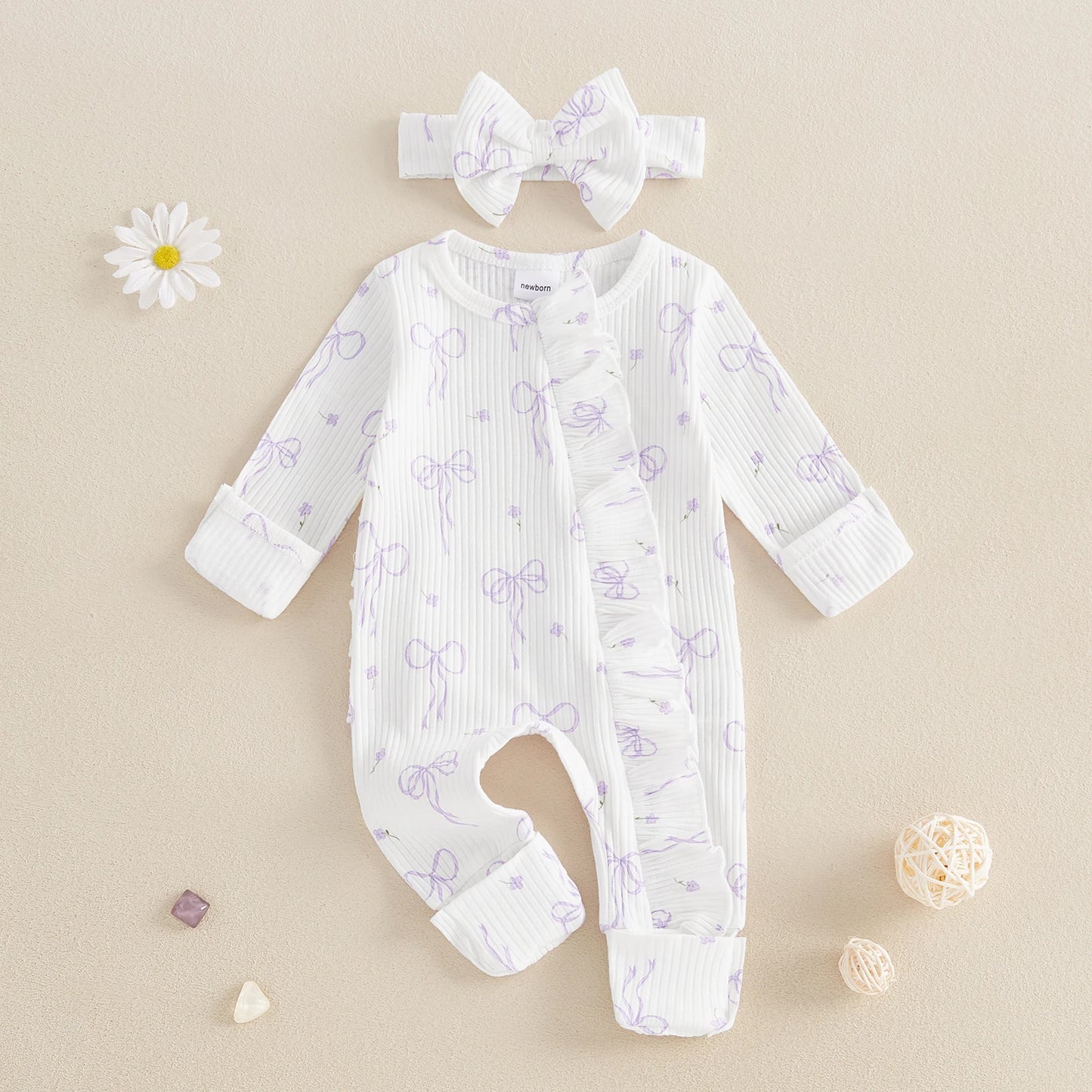 FOCUSNORM 0-6M Newborn Baby Girl Boys Fall Romper Sets 2pcs Bow Long Sleeve Full Length Zipper Front Ribbed Jumpsuit Headband