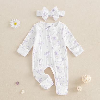 FOCUSNORM 0-6M Newborn Baby Girl Boys Fall Romper Sets 2pcs Bow Long Sleeve Full Length Zipper Front Ribbed Jumpsuit Headband