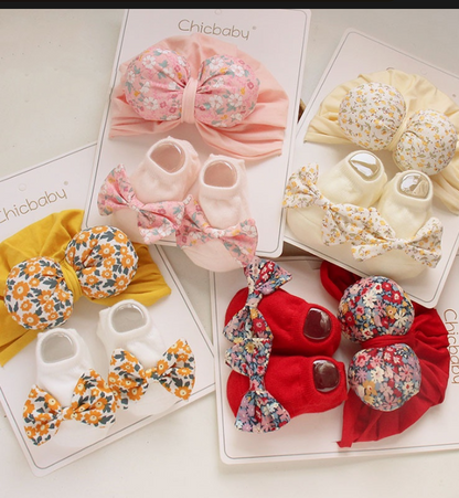 Spring Summer Girls Newborn Baby Non Slip Socks Set 3d Bow Baby Hat  Good Quality Cotton Baby Hat Socks Set