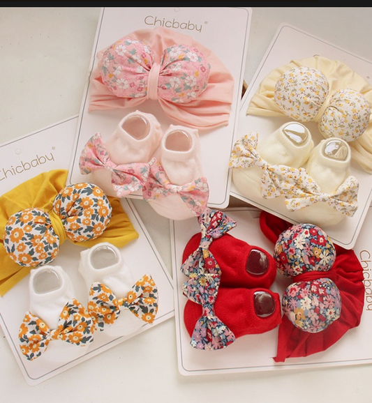 Spring Summer Girls Newborn Baby Non Slip Socks Set 3d Bow Baby Hat  Good Quality Cotton Baby Hat Socks Set