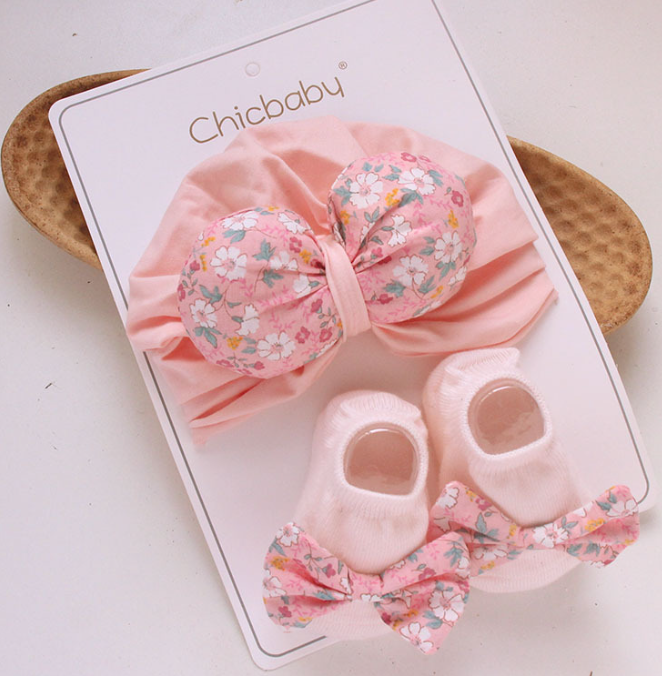 Spring Summer Girls Newborn Baby Non Slip Socks Set 3d Bow Baby Hat  Good Quality Cotton Baby Hat Socks Set
