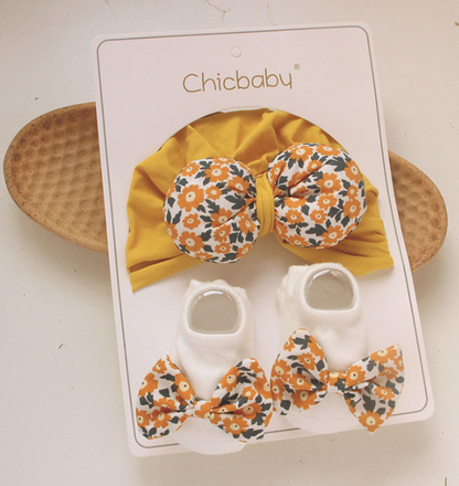 Spring Summer Girls Newborn Baby Non Slip Socks Set 3d Bow Baby Hat  Good Quality Cotton Baby Hat Socks Set