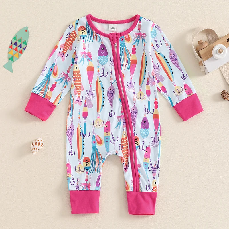 Lioraitiin Baby Boys Autumn Casual Romper Long Sleeve Crew Neck Fish Print Oblique Zipper Jumpsuit