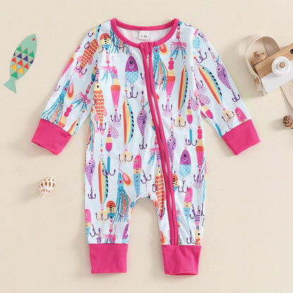 Lioraitiin Baby Boys Autumn Casual Romper Long Sleeve Crew Neck Fish Print Oblique Zipper Jumpsuit